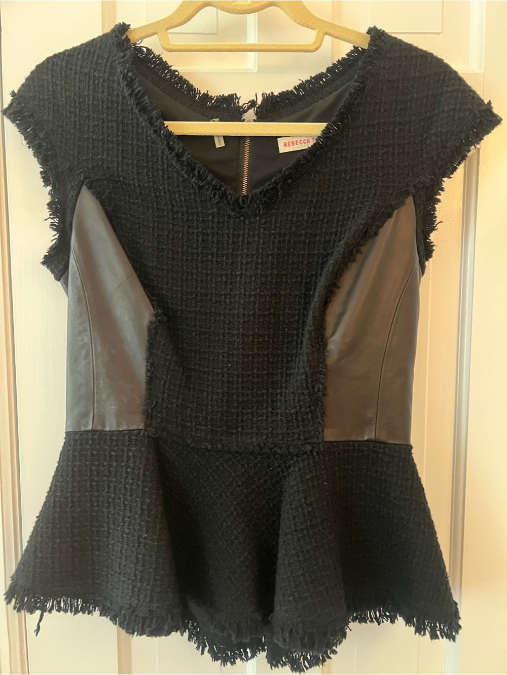 Rebecca Taylor Black Tweed Peplum Top with Leather Panels